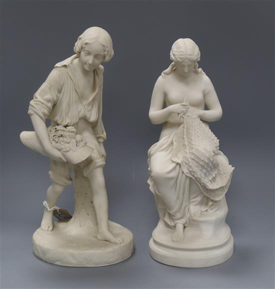 A Victorian parian figure of a youth with a bonnet full of flowers and another of a nymph repairing a fishing net (cracked) tallest 35c